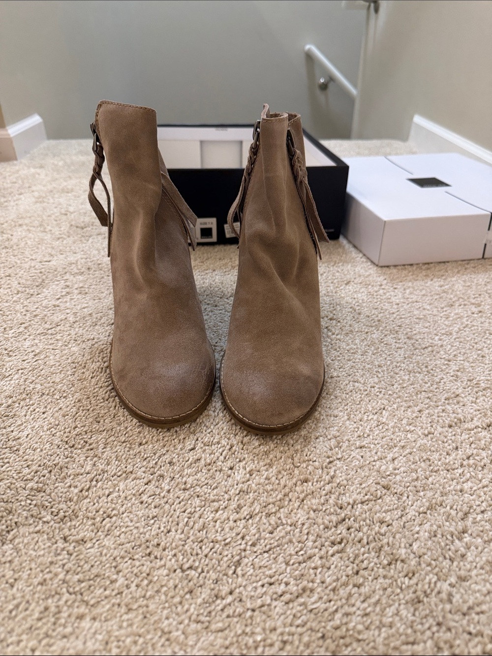 Dolce Vita Taupe Suede Ankle Booties with Fringe Pull
